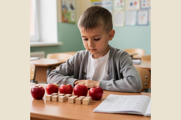Ребёнок считает предметы, разложенные по группам, для деления на 12
