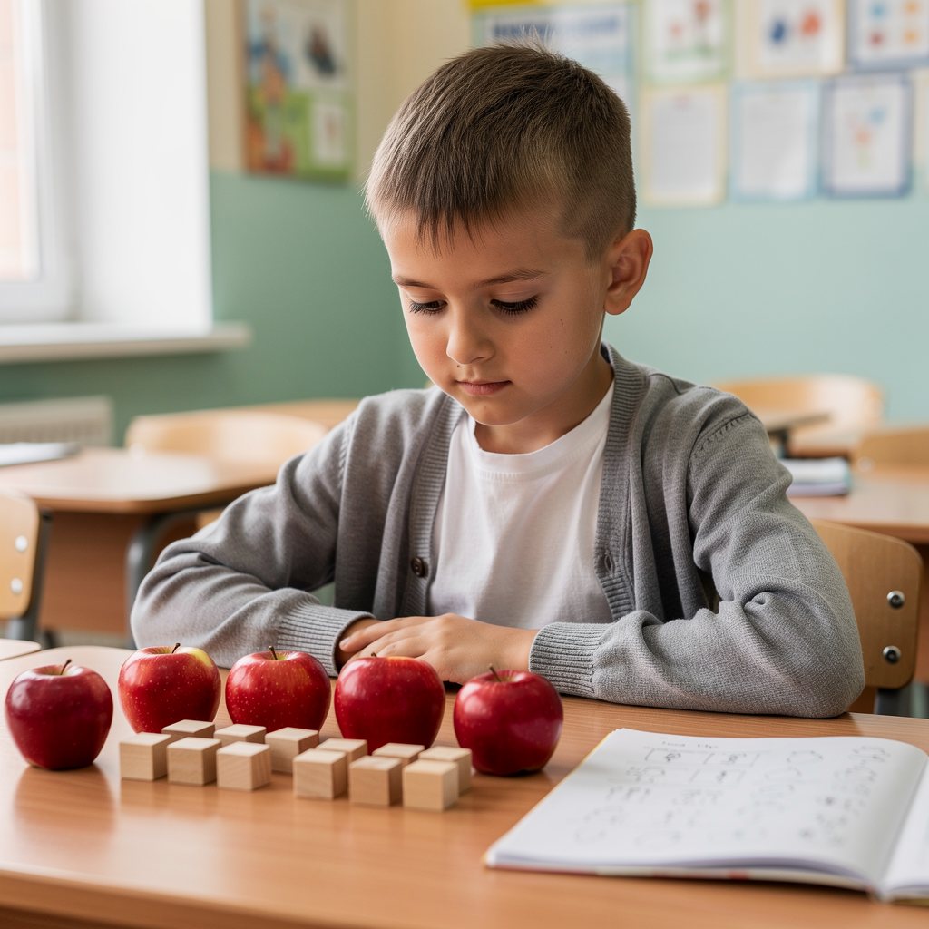 Ребёнок считает предметы, разложенные по группам, для деления на 12